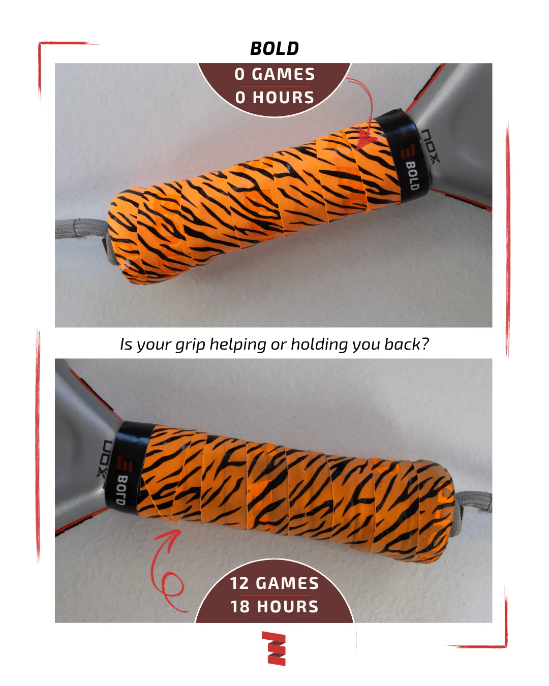 Side-by-side comparison of a fresh Bold overgrip and a heavily used worn-out overgrip