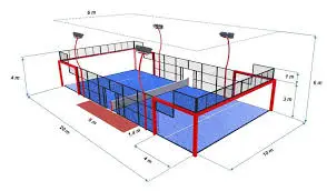Overhead view of a modern padel court showing the enclosed glass walls and playing surface